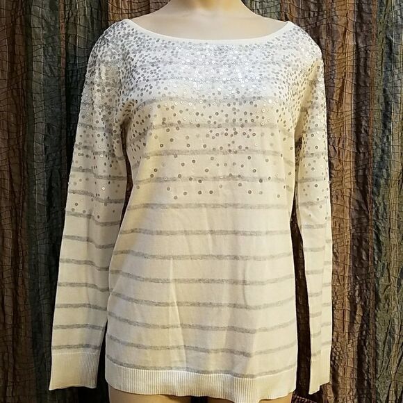 ELLE WHITE AND GRAY STRIPED SEQUINED LIGHTWEIGHT LONG-SLEEVE SWEATER, SIZE SMALL - Picture 2 of 7